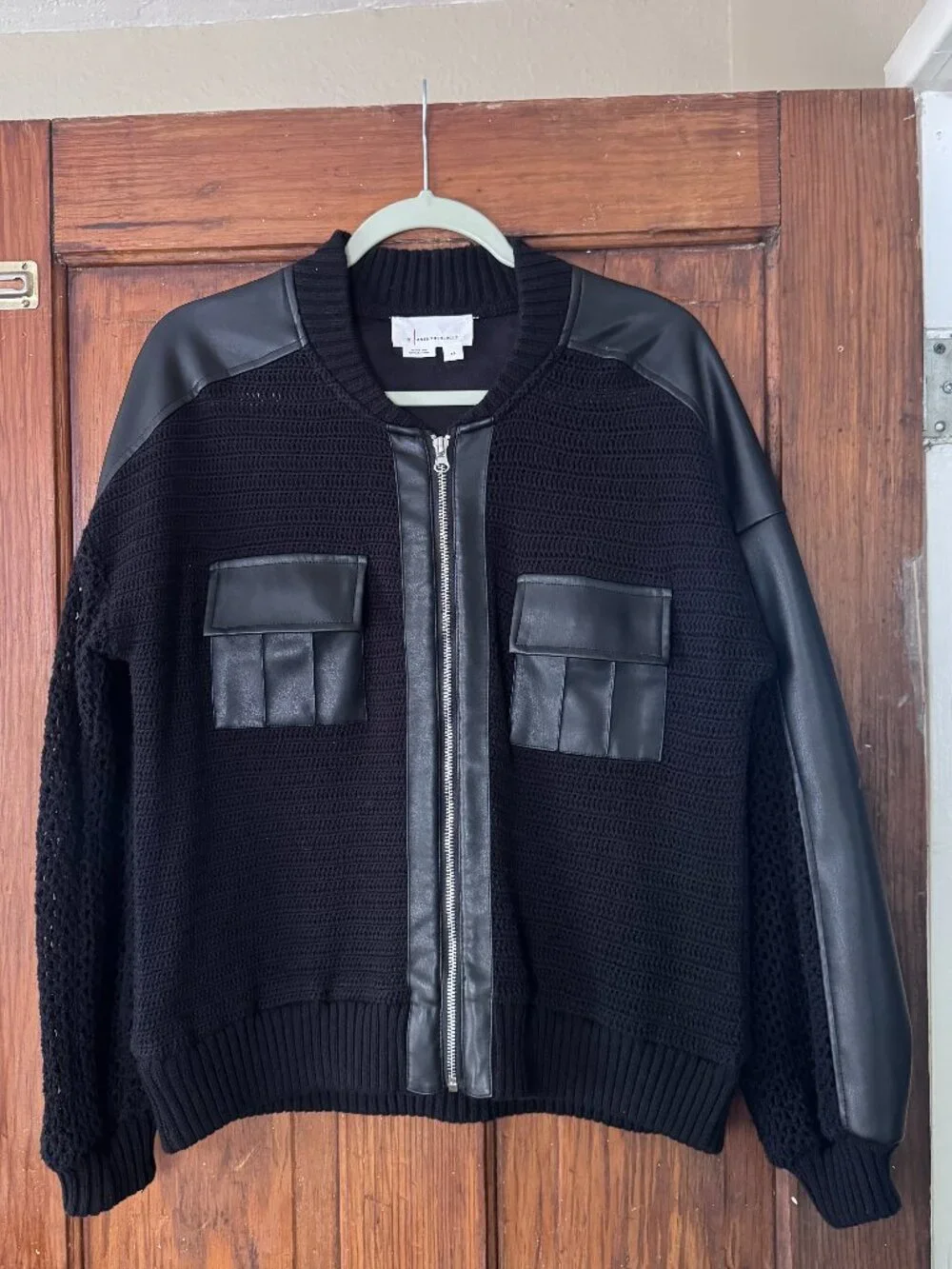 Anthropologie Black Knit Faux Leather Mixed Media Bomber Jacket XS - Picture 1 of 5